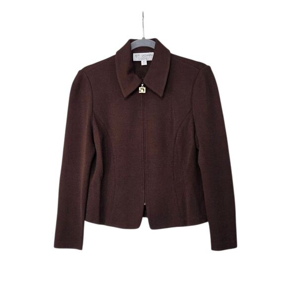 St. John Collection Brown Santana Knit Full Zip SJ Logo Cardigan Sweater Size 2 - Picture 1 of 11